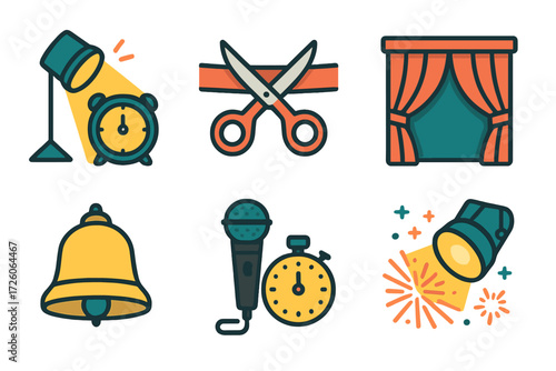 Ceremony Icon Set. Ceremonial Countdown set of icons in neo-flat style: stage spotlight clock, ribbon about to cut, curtain about to rise, microphone