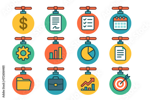 Colorful Business Valves. Business Pipe Valves in modern flat vector : valve with dollar sign, valve with contract, valve with checklist, valve with