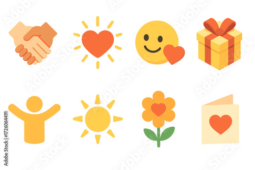 Gratitude Icon Collection. Gratitude set icons in modern isometric flat : hands joined together, heart with rays, smiling face with heart, gift box