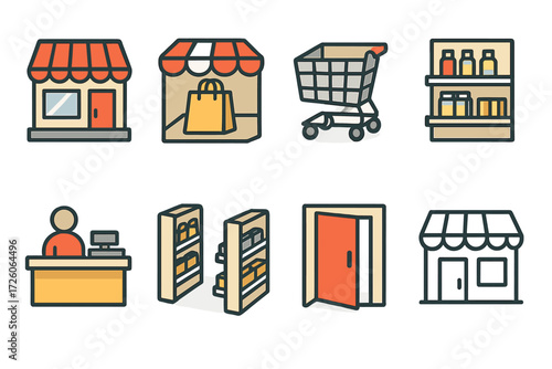 Modern Store Icon Set. Basic In-Store set icons in modern isometric flat : storefront building, shopping bag inside store, cart inside shop, shelf