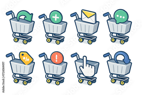 Isometric Cart Icons. Cart Recovery set icons in modern isometric flat : cart with arrow returning, cart with plus sign, cart with email icon, cart