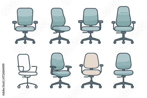 Ergonomic Chair Icons. Basic Ergonomic Chairs set of icons in neo-flat style: adjustable office chair, ergonomic chair with lumbar support, ergonomic