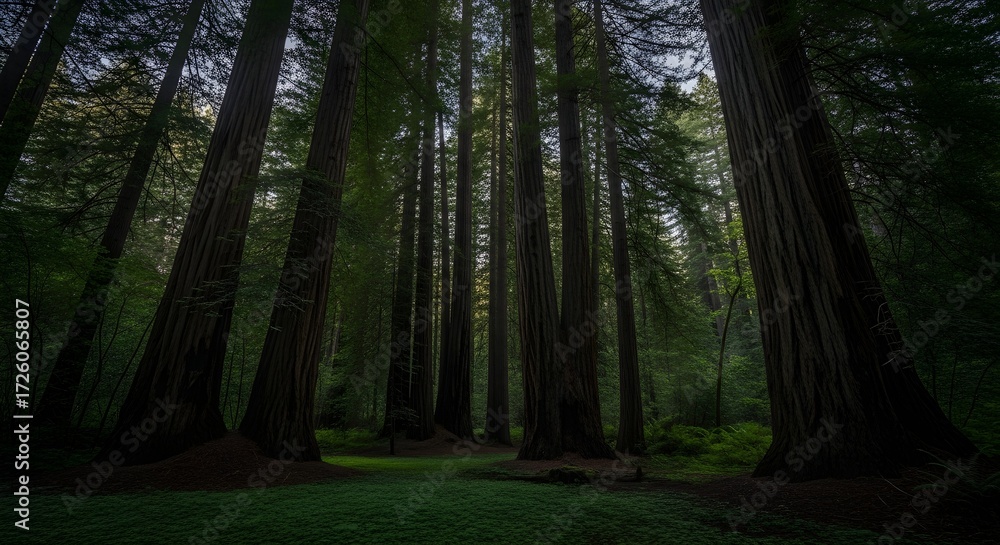 Fototapeta premium Towering Ancient Redwood Forest Canopy Bathed in Soft Light, Lush Green Moss Underfoot, Serene