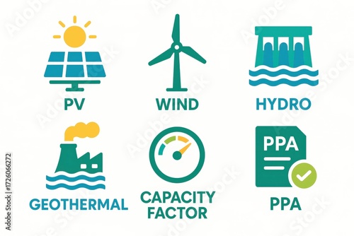 Innovative renewable energy iconography showcasing solar photovoltaic, wind turbine, hydroelectric, geothermal systems depicted alongside capacity factor analysis and power purchase agreements