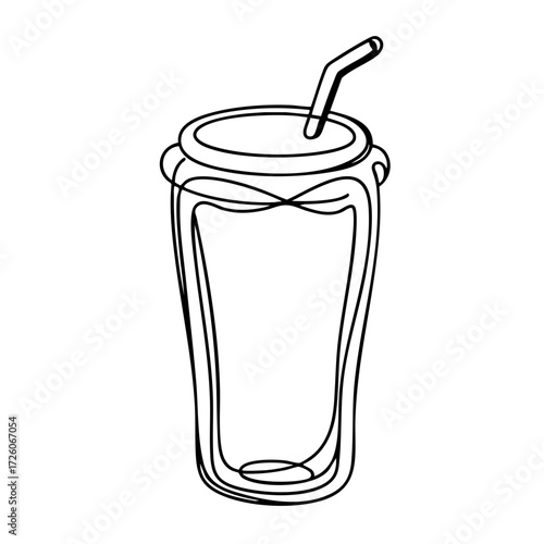 Minimalistic continuous line drawing of iced coffee glass with a straw, abstract black and white design on plain white background, concept of modern cafés, coffee shops.