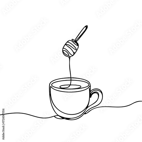 Abstract black one-line drawing of a cup with honey dipper, minimalistic style, on a plain white background, concept of coffee shop, tea house