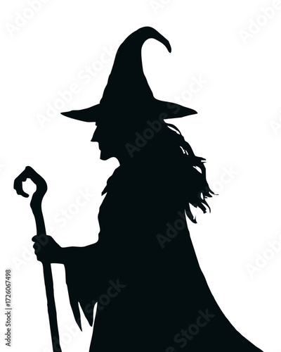 Halloween Witch Silhouette with Hat and Staff Vector Illustration
