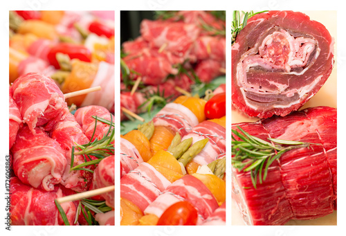 Collage of different preparations types of raw meat. Pork rolls stuffed with ham and cheese, chicken rolls with asparagus and rolled speck in the oven,rolls stuffed with ham and cheese.Butcher shop.