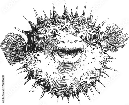 Pufferfish sketch hand drawn spiky inflated fish with smiling face — stock vector