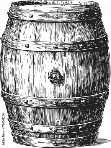 Barrel sketch hand drawn wooden cask with metal hoops detailed vintage style — stock vector