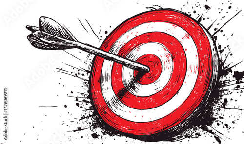 Arrow hitting bullseye sketch, hand drawn target with ink splatter — stock vector