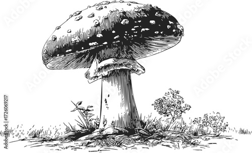 Mushroom sketch hand drawn style with grass and plants in natural scene — stock vector
