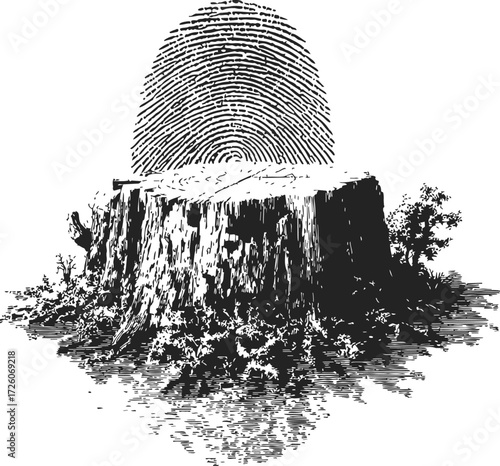 Tree stump sketch with fingerprint rings, hand drawn nature metaphor — stock vector
