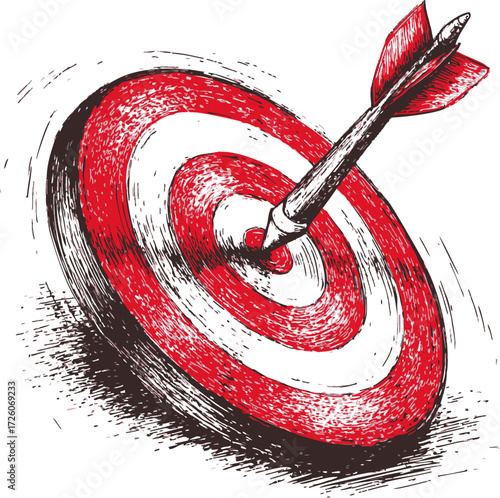 Dart hitting bullseye sketch, hand drawn red target board illustration — stock vector