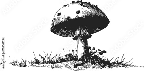 Mushroom sketch, hand drawn style with grass and ground details — stock vector