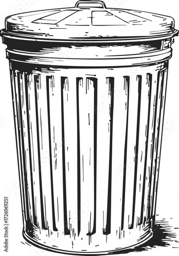 Trash can sketch, hand drawn metal garbage bin with lid — stock vector