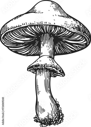 Mushroom sketch hand drawn detailed botanical illustration with gills and ring — stock vector