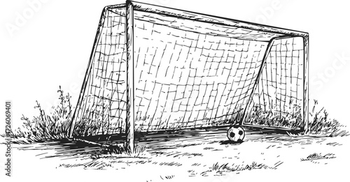 Soccer goal sketch hand drawn with ball on grassy field — stock vector