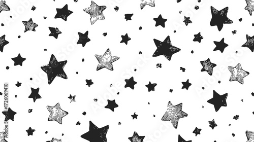 Stars seamless pattern, sketch hand drawn black and white scattered background — stock vector