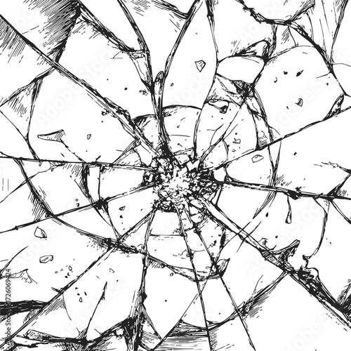 Broken glass sketch, hand drawn style, detailed shattered pattern — stock vector
