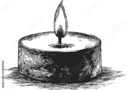 Candle sketch hand drawn tealight with burning flame isolated on white — stock vector