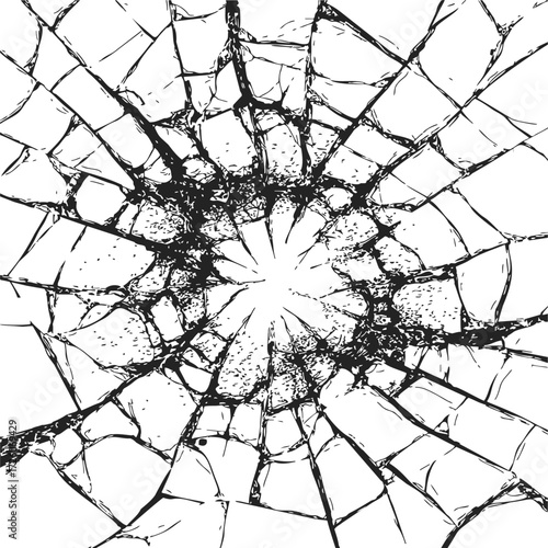 Broken glass sketch, hand drawn style, detailed shattered window pane cracks — stock vector