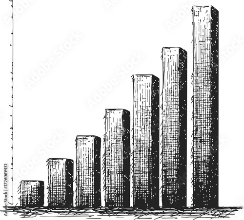 Bar chart sketch hand drawn style with increasing columns and textured shading — stock vector