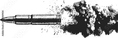 Bullet sketch hand drawn with explosive smoke and debris effect — stock vector