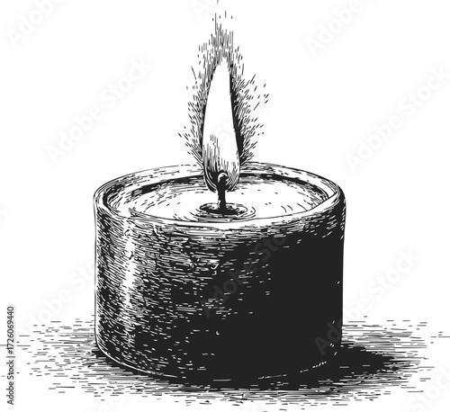 Candle sketch hand drawn style with burning flame and textured shading — stock vector