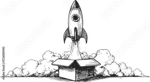 Rocket launching from cardboard box sketch, hand drawn style, creative imagination concept — stock vector