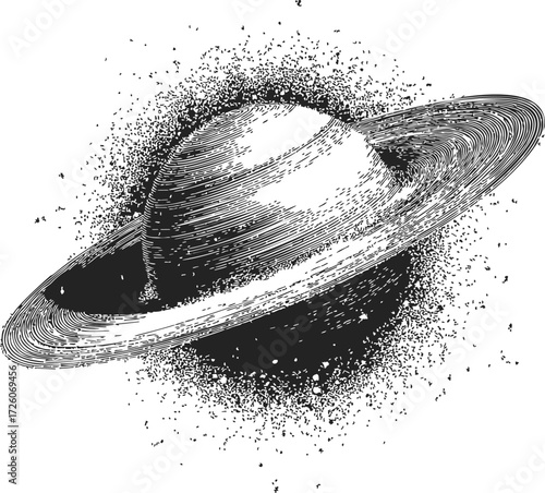 Saturn planet sketch hand drawn with detailed rings and space dust — stock vector