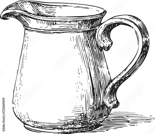 Water pitcher sketch hand drawn vintage ceramic jug with ornate handle — stock vector