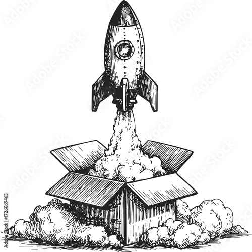 Rocket sketch hand drawn launching from cardboard box with smoke — stock vector