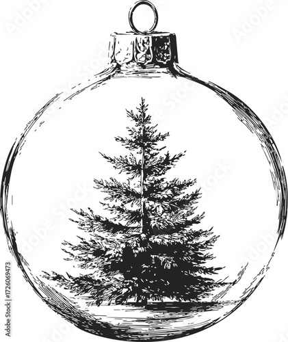 Christmas ornament sketch, hand drawn pine tree inside glass bauble — stock vector