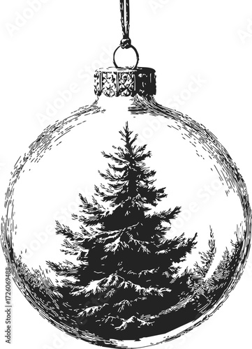 Christmas ornament sketch, hand drawn glass bauble with pine tree inside — stock vector