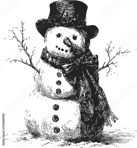 Snowman sketch hand drawn with top hat scarf and twig arms — stock vector
