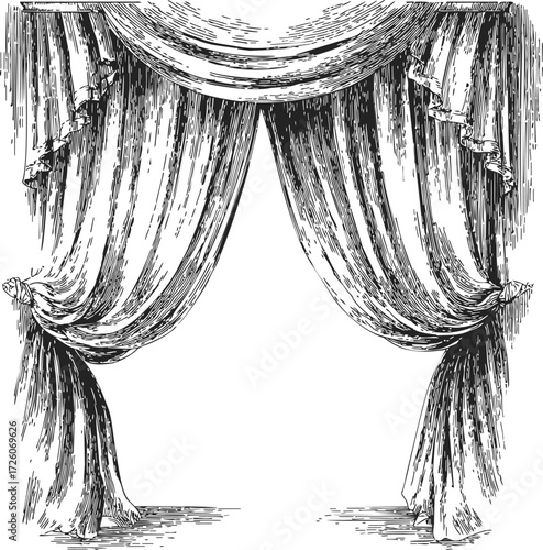 Theater curtains sketch, hand drawn stage drapes with ornate folds — stock vector