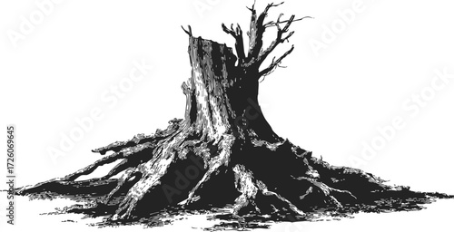 Tree stump sketch hand drawn with exposed roots and rough bark texture — stock vector
