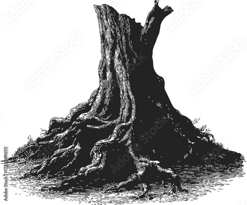 Tree stump sketch, hand drawn vector with detailed roots and textured bark — stock vector