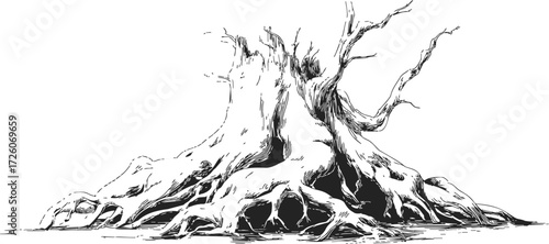 Tree stump with exposed roots sketch, hand drawn style, detailed organic lines — stock vector