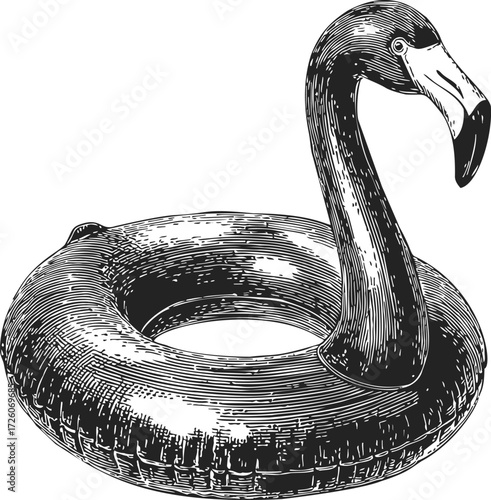 Flamingo pool float sketch, hand drawn inflatable ring with bird head — stock vector