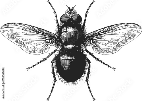 Housefly sketch hand drawn vector detailed insect illustration isolated on white — stock vector