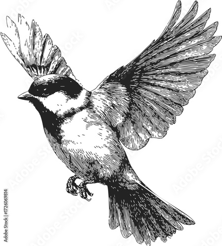 Bird sketch hand drawn flying detailed wings spread monochrome illustration — stock vector