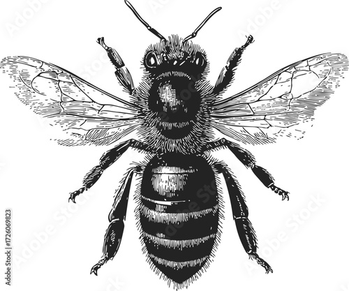 Bee sketch hand drawn detailed insect with wings and striped body — stock vector