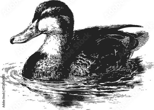 Duck sketch hand drawn swimming on water detailed vintage style — stock vector