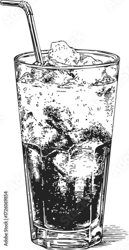 Glass of soda with ice and straw sketch hand drawn style — stock vector