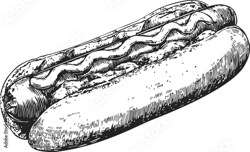 Hot dog sketch hand drawn with mustard in bun, vintage style — stock vector