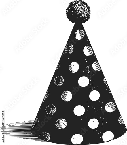 Party hat sketch hand drawn polka dot cone with pompom shadow — stock vector