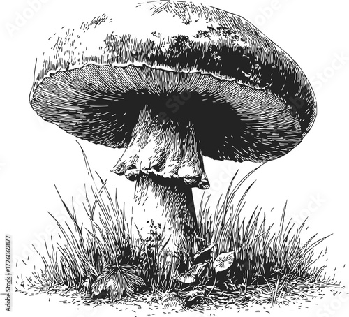 Mushroom sketch hand drawn in grass detailed botanical illustration — stock vector