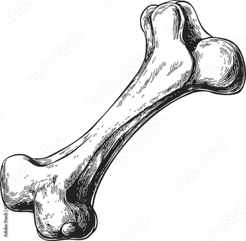 Femur bone sketch, hand drawn vector, anatomical illustration of human thigh bone — stock vector